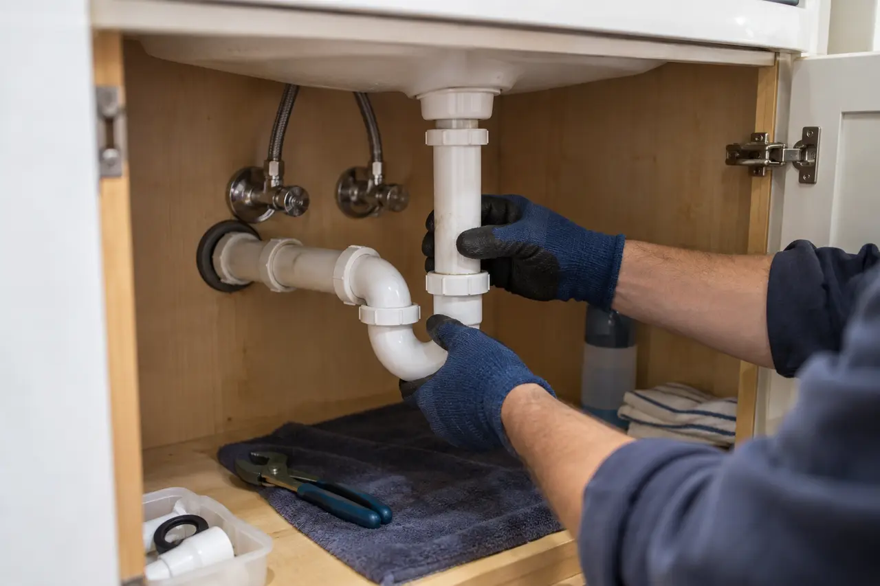 Plumber servicing a drain beneath a sink