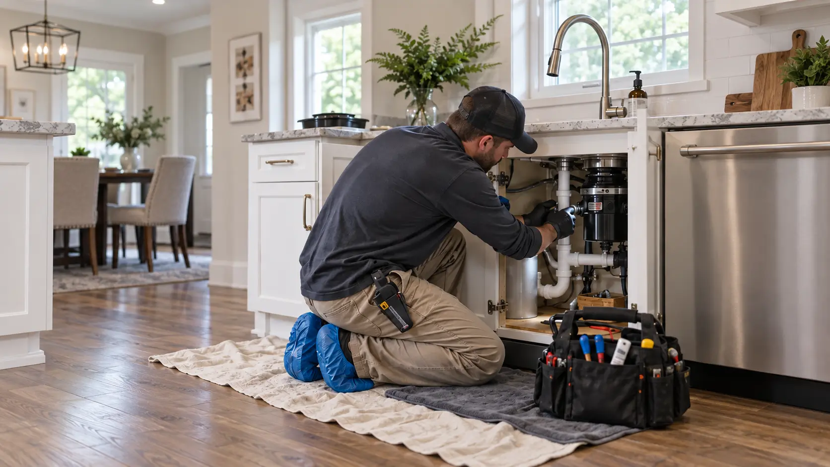Plumber carefully repairing a pipe system in a local property